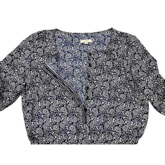 Loft Paisley Romper Blue Long Sleeve Roll Tab Hidden Button Boho Womens Sz 4 - Picture 5 of 8